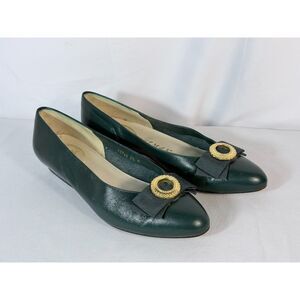 Vtg Spanish Leather Delman Forest Green Heels Ribbon Sz 8.5 Gold Accent Pointed